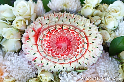 Top view watermelon Thai fruit carving and flower Stock Photo