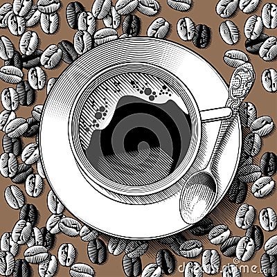 Top view of a white cup with a spoon on the coffee beans background Vector Illustration