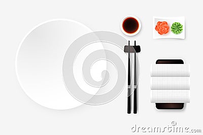 Top View Of White Empty Sushi Plate With Saucer, Ginger, Wasabi, Towel And Chopsticks. Vector Template, Food Design Vector Illustration