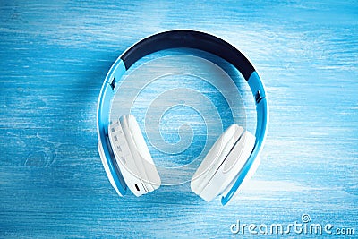 Top view of white headphones background Stock Photo