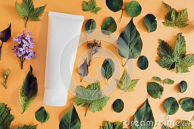 Top view of a white plastic tube with different green leaves of trees on a bright orange background. Stock Photo