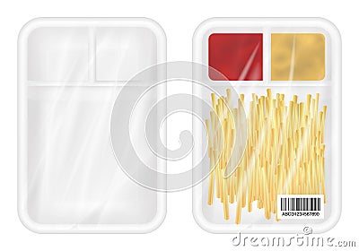 Top view of White polystyrene packaging mockup with french fries and ketchup inside Vector Illustration