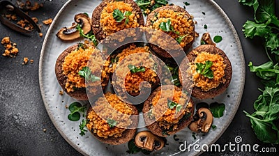 Top View, White Round Plate With Keto Stuffed Mushrooms. Generative AI Stock Photo