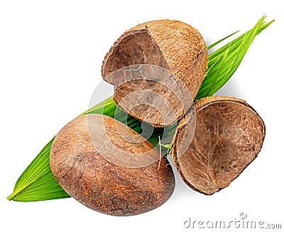 top view whole coconut with shell and green leaf Stock Photo
