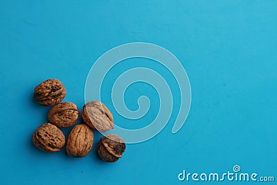 Top view of whole walnuts under the lights on a blue surface Stock Photo