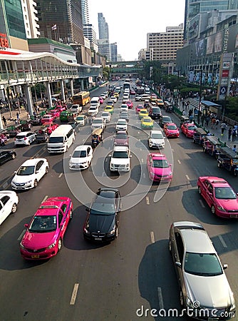 Top view of a wide street with multi-lane traffic, heavy traffic from colorful cars Editorial Stock Photo