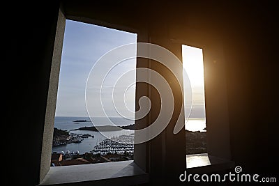 Top View through the window on yachts, port, Adriatic sea near small Croatian town Vrsar Editorial Stock Photo