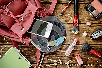 Top view of women bag stuff female cosmetic accessories Stock Photo