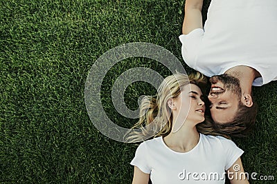 Blithesome young couple showing tenderness to each other Stock Photo