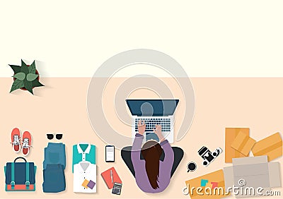 Top view of women working laptop computer with fashion accessories on floor from home Vector Illustration