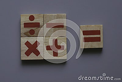 Top view of wooden Addition, subtraction, multiplication and division. They are four basic operations of elementary arithmetic Stock Photo