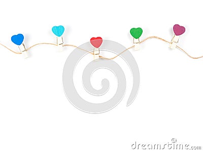Top View Wooden colorful Paper Clip Heart set with rope wooden i Stock Photo