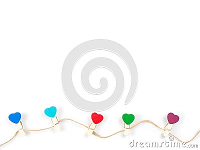 Top View Wooden colorful Paper Clip Heart set with rope wooden i Stock Photo