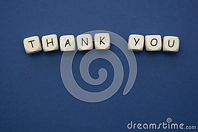 Wooden cubes with thank you words on blue background, copy space Stock Photo