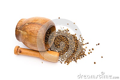 Top view wooden mortar and pestle with flos chrysanthemi indic on white Stock Photo