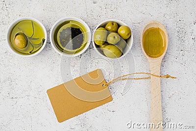 top view wooden spoon tasty olives. High quality photo Stock Photo