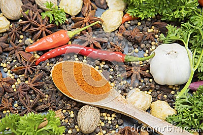 Wooden spoon with turmeric powder Stock Photo