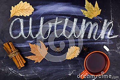 Top view word autumn on a chalkboard Stock Photo