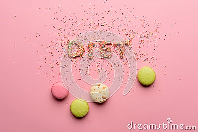 Top view of word diet made from candies isolated on pink Stock Photo