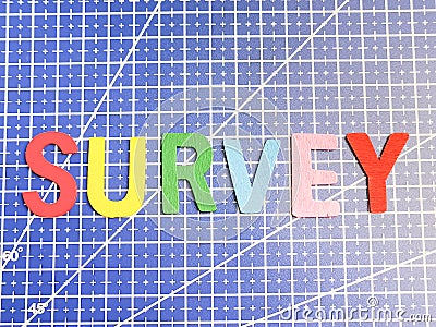 Top view word survey on blue cutting mat. Stock Photo