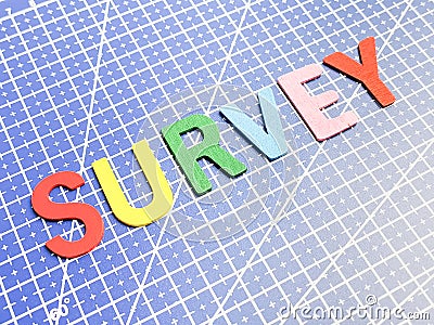 Top view word survey on blue cutting mat. Stock Photo