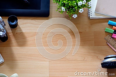 Top view work desk. Mock up Office desk table with computer, supplies and coffee cup. Stock Photo