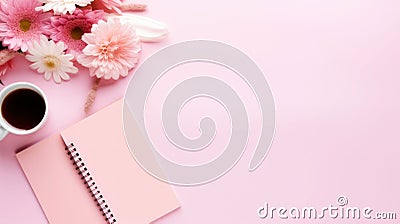 Top view of work desk with notepad, office supplies, flowers and creative clutter. Pink background. Generative AI Stock Photo