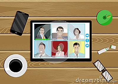 Top view work place at home, conversation and communication online Vector Illustration