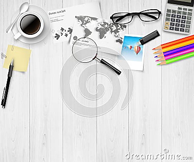 Top view of working place elements on white table Stock Photo