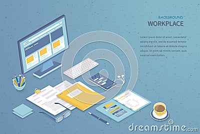 Top view of workplace background. Monitor, keyboard, notebook, headphones, phone, documents, folder, planner. Workspace Analytics Vector Illustration