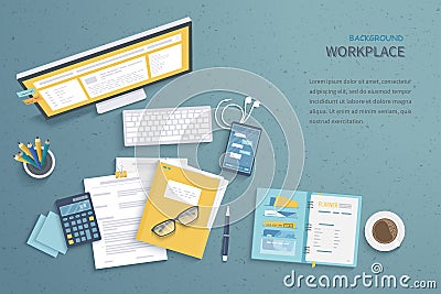 Top view of workplace background, monitor, keyboard, notebook, headphones. Workspace, analytics, optimization, management. Vector Illustration