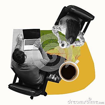 Top view on workplace. Businessman working on laptop with his female trainee. Deadlines, overworking, drinking coffee Stock Photo