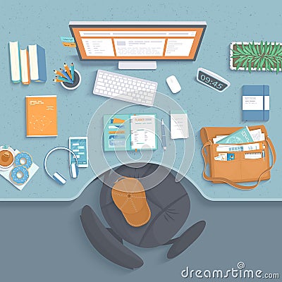 Top view of workplace. Table with recess, armchair, monitor, books, notebook, headphones. Vector Illustration