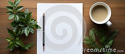 Top view workspace notebook, pen and coffee with plant on wooden table Stock Photo
