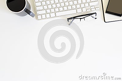 Top view Workspace office desk computer, notebook paper, glasses Stock Photo