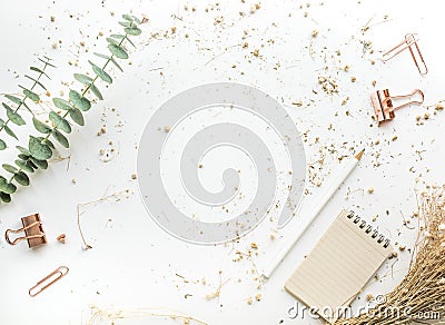 Top view of worktable with mock up accessories and dry flower Stock Photo