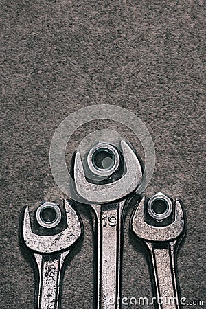 top view of wrenches and nuts Stock Photo