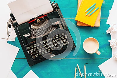 Top view of writer`s block concept with vintage classic typewriter on author`s desk Stock Photo