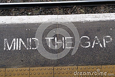 Top view of the "mind the gap" sign on the ground at the London railway station Editorial Stock Photo