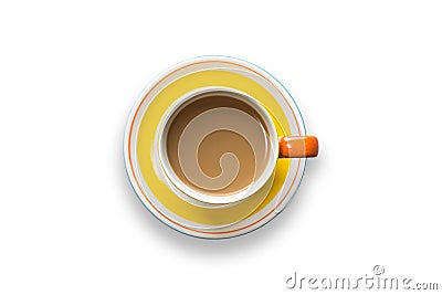 Top view yellow coffee cup on white Stock Photo