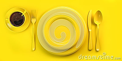 Top view of yellow plate, fork, knife, spoon and cup of coffee on yellow grunge table Cartoon Illustration