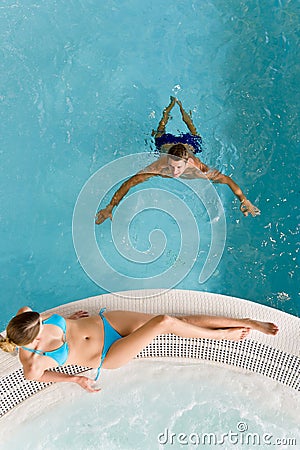 Top view - young couple relax in swimming pool Stock Photo