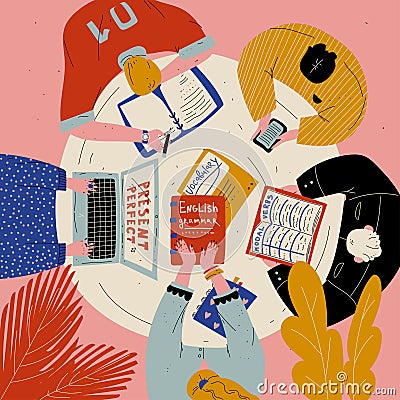 Top view of young people sitting at the table and learning English. Students studying together. Vector Illustration