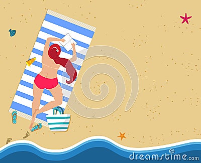 Top View of Young Woman in Red Bikini on Beach Vector Illustration