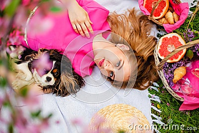 Top view young women on a picnic, lying on a blanket. A woman holds a dog. Next to the basket. Springtime Stock Photo