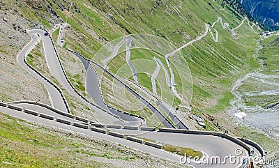 View of zigzag road of Stelvio Pass from above. Stock Photo