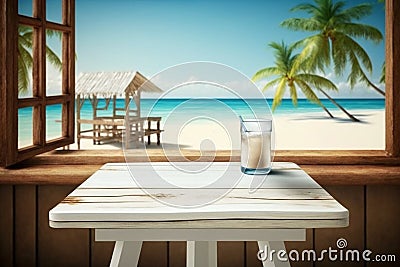 Top of wood table with blurred seascape and palm tree. AI Generated Stock Photo