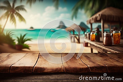 Top of wood table with blurred seascape and palm tree. AI Generated Stock Photo