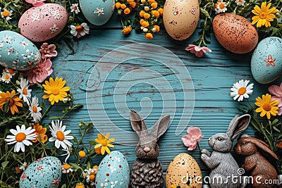 Topdown View Of Festive Easter Elements Like Eggs Bunny Figurines And Flowers Stock Photo