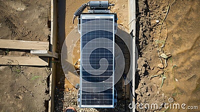 A topdown view of a solarpowered water pump attached to a solar water heater. The pump is efficiently transferring warm Stock Photo